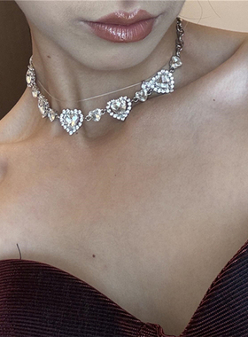 闪锆满钻爱心choker项链女