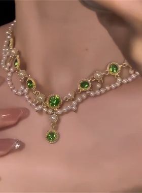 绿色水滴锆石珍珠项链女