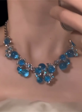 蓝色锆石花朵水晶项链女