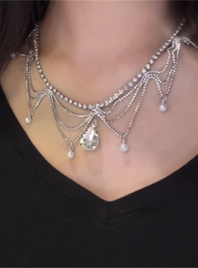超闪满钻珍珠水滴流苏项链女