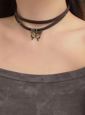 双层编织皮革choker项链复古