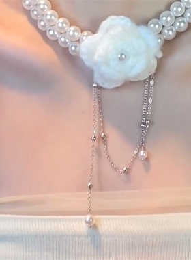 双层珍珠花朵项链女锁骨链