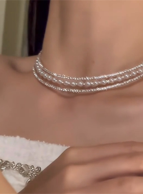 简约双层锆石choker珍珠项链项圈