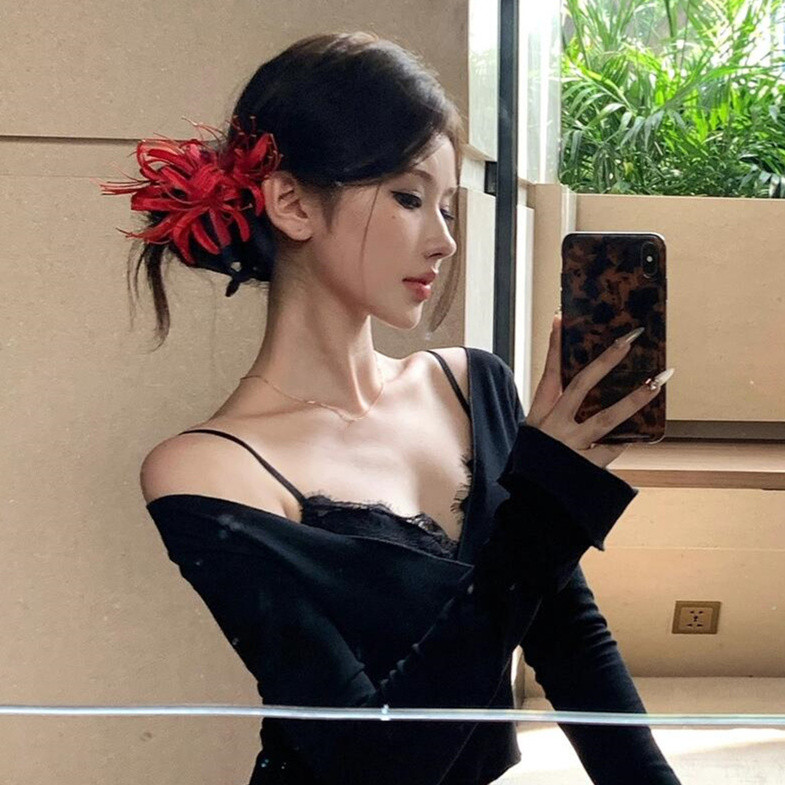 zoozmomo红色复古彼岸花头饰女红花发夹花朵头花发卡国风旗袍发饰 - 图0