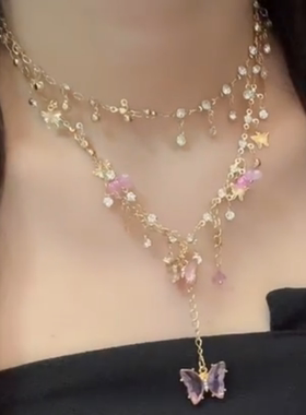 紫色水晶蝴蝶项链高级感choker