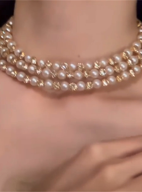 闪钻三层珍珠项链女choker颈链