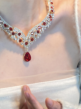 满钻红色项链耳钉女轻奢