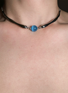 蓝色圆珠choker项链女