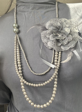 长款气质珍珠蕾丝花项链