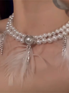 镶钻羽毛流苏珍珠双层项链女