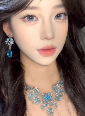 蓝色花朵水滴锆石流苏项链女