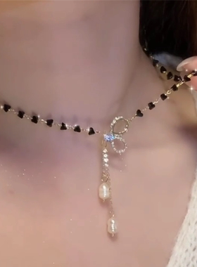黑水晶串珠蝴蝶结项链女
