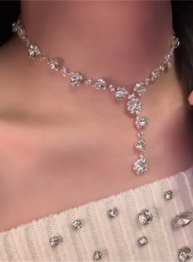 银色满钻锆石流苏项链耳环套装