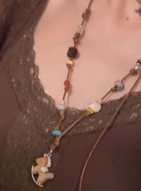 木质小马串珠编织绳项链女