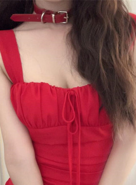 红色皮质项圈朋克个性小众锁骨链