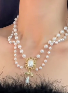 双层珍珠流苏项链配饰女