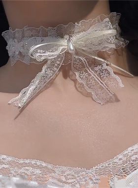 白色蝴蝶结蕾丝choker项链