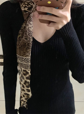 辣妹豹纹丝巾飘带围巾女