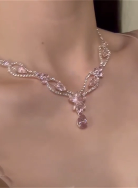 轻奢气质粉色锆石项链夸张