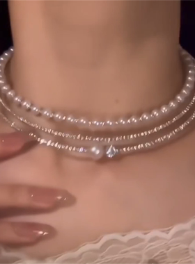 多层闪锆珍珠项圈女款
