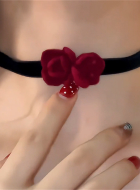 红玫瑰花choker黑色复古绑带