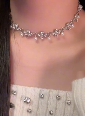 镶钻方形爱心珍珠项链女