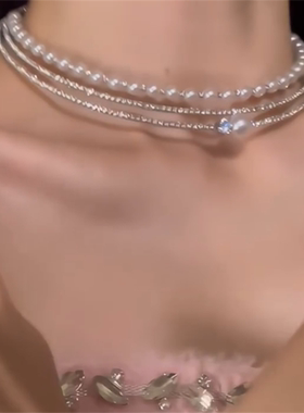 三层叠戴闪钻珍珠项圈项链