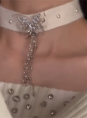 白色毛绒蝴蝶流苏项链女