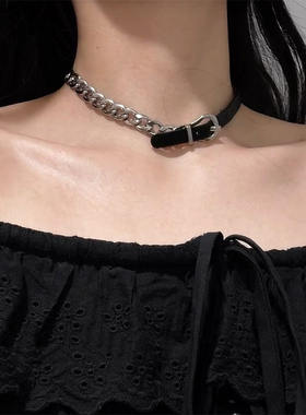 黑色皮扣甜酷项链女款