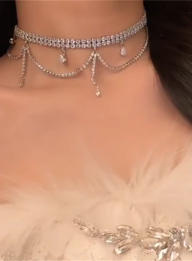 超闪银色满钻流苏项链女