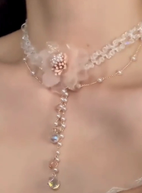 粉色水晶花朵珍珠项链女