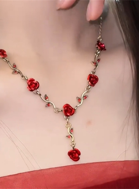 红色玫瑰花朵项链女款