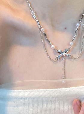 双层蝴蝶结珍珠项链女