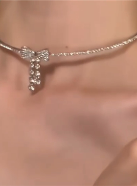 闪钻蝴蝶结流苏choker项链