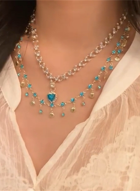 蓝色爱心超闪锆石项链女