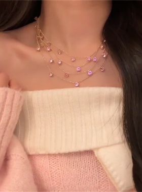 超闪粉色锆石多层叠戴项链