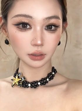 黑色双层串珠花朵项链女