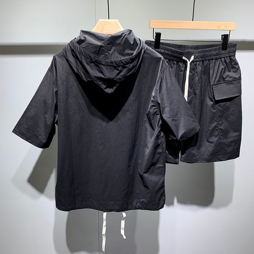 Men's Hooded Loose Solid Short Sleeve Set连帽宽松纯色短袖男 - 图2