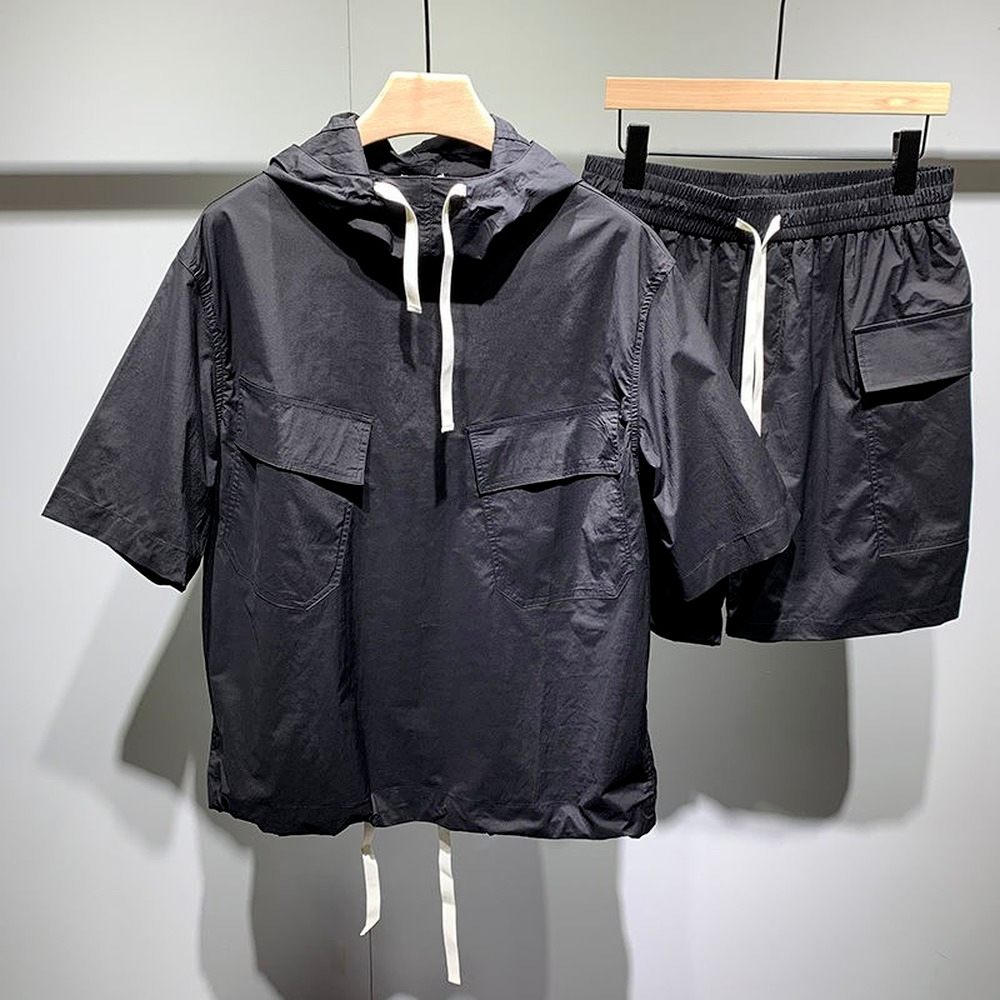 Men's Hooded Loose Solid Short Sleeve Set连帽宽松纯色短袖男 - 图1