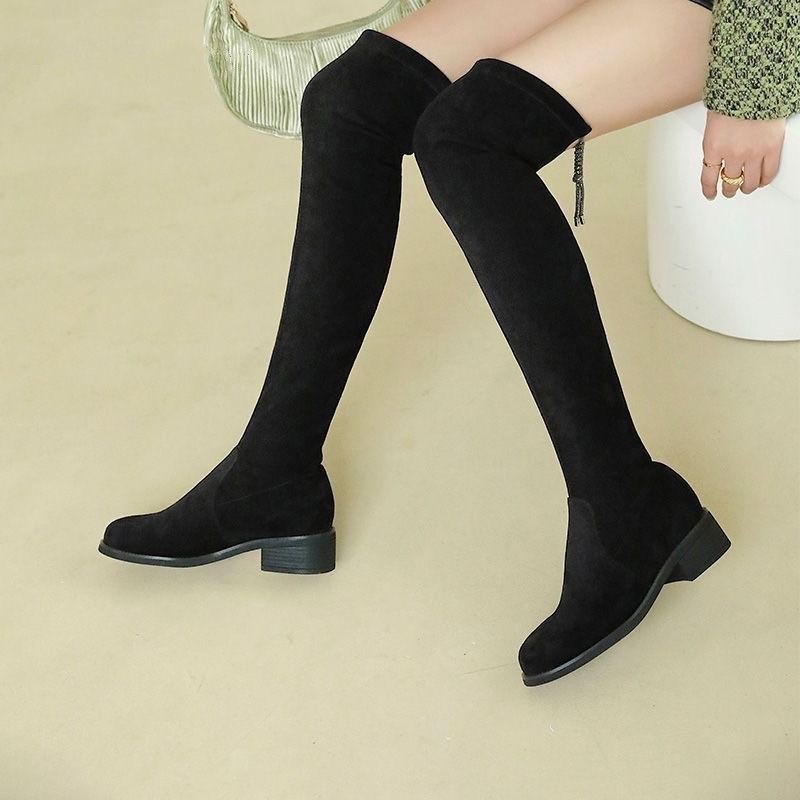 显瘦过膝长靴女平底2025秋冬加绒高筒靴粗跟绒面增高弹力瘦瘦靴 - 图2