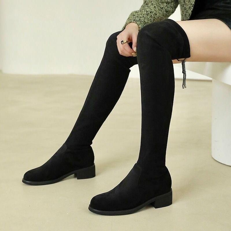 显瘦过膝长靴女平底2025秋冬加绒高筒靴粗跟绒面增高弹力瘦瘦靴 - 图1