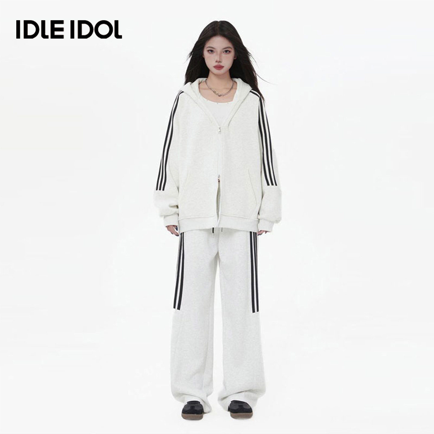 Idle Idol美式条纹撞色运动套装男女同款春秋季连帽开衫情侣外套,淘宝优惠券,粉丝福利购,淘宝优惠卷