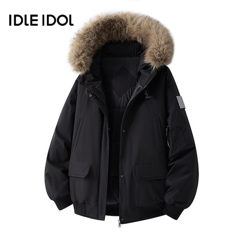 Idle Idol美式毛领羽绒棉服情侣款冬季加厚棉袄连帽派克服外套男 - 图0
