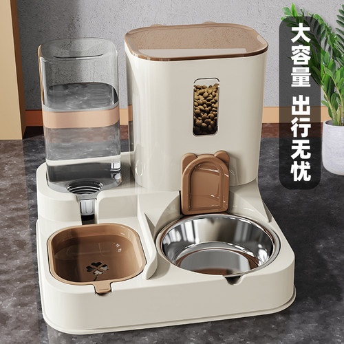 猫碗狗碗猫食盆猫咪猫粮自动喂食器饮水机一体宠物不锈钢喝水双碗 - 图0