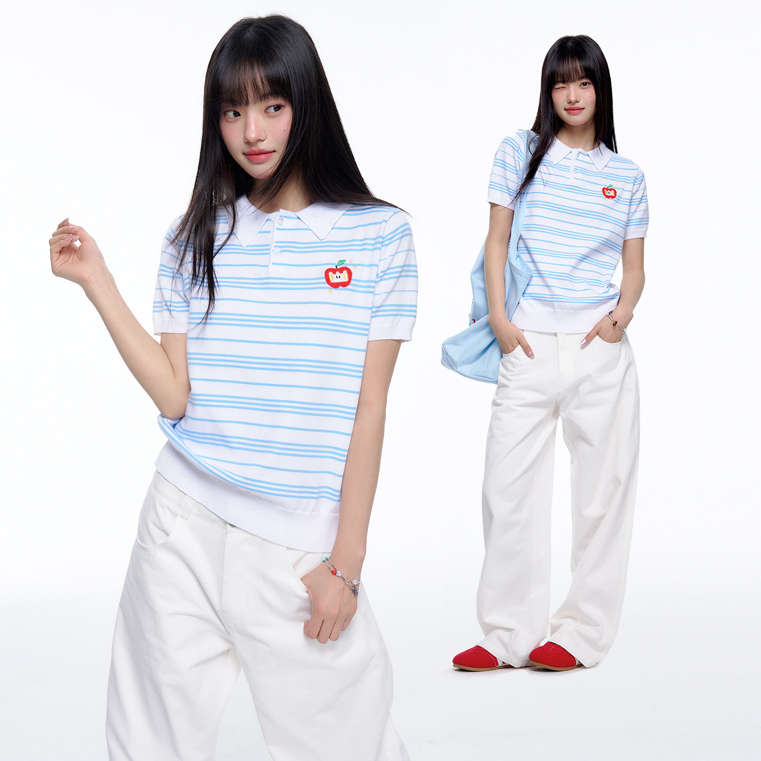 TGWALL「果然」蓝白条纹POLO衫短款正肩薄针织毛衫上衣短袖T恤女