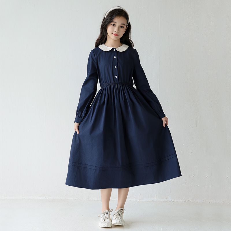 女童秋季长袖连衣裙2025新款中大童韩版收腰简约裙子女孩百搭长裙 - 图1