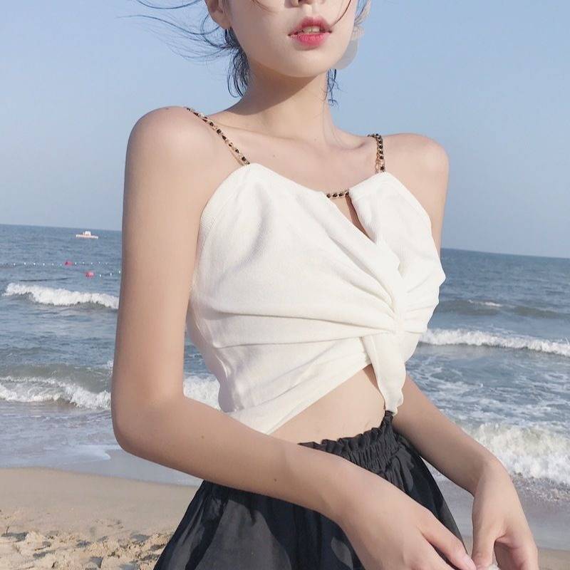 小背心女性感夏季新款韩版扭结链条个性针织吊带衫修身百搭露脐装 - 图0