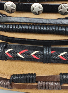 欧美皮手链复古合金树叶五角星编织五件套装手环羽毛可调小众小众