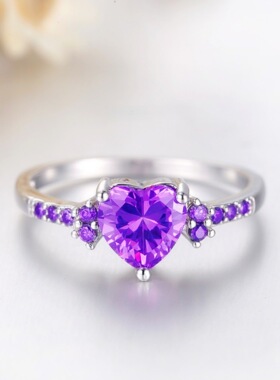 wish热卖天然紫水晶锆石银戒指时尚婚礼心形指环珠宝女厂家直销