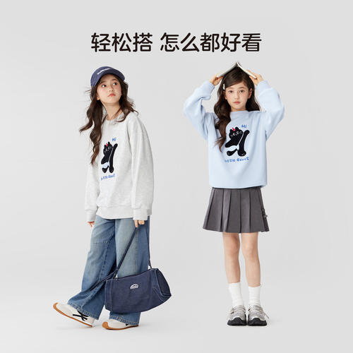 左西童装女童卫衣2026新款春季儿童卡通小猫舒适牛奶棉套头衫上衣 - 图1